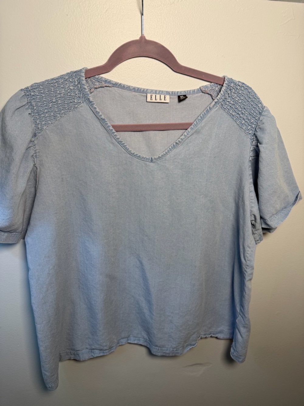 Elle Light Blue V-Neck Short Sleeve Top with Smocked Shoulders
